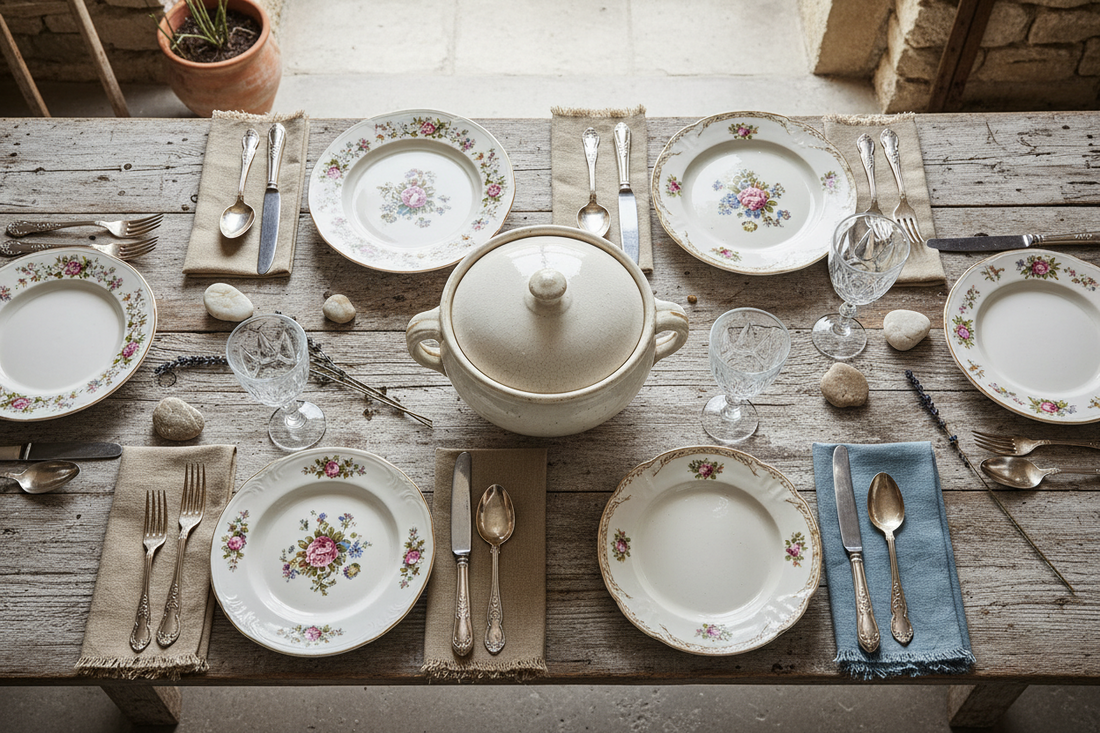 Mix de vaisselle ancienne sur une table campagnarde