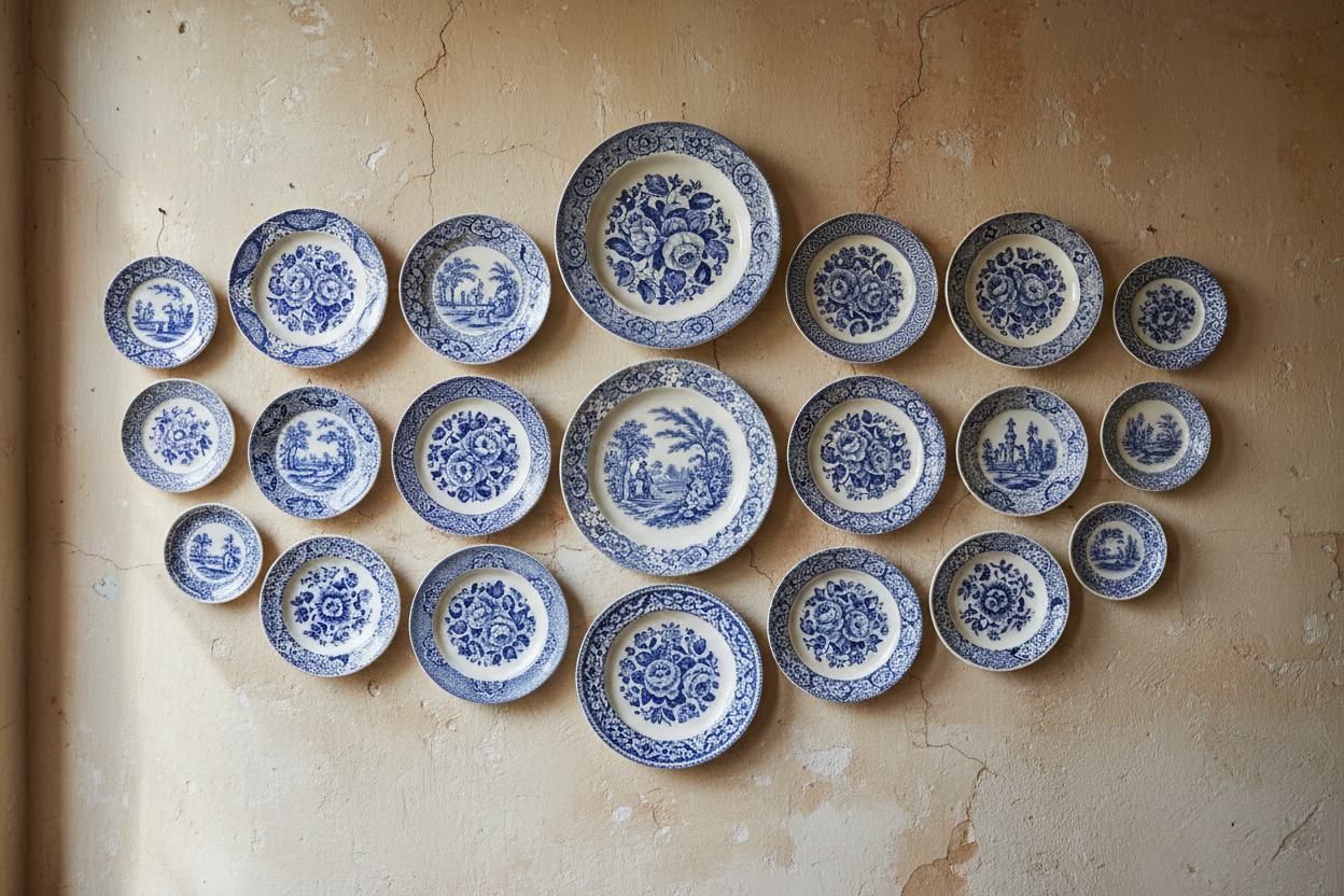 Mur d’assiettes anciennes : décorer avec de la Terre de Fer à motifs bleus