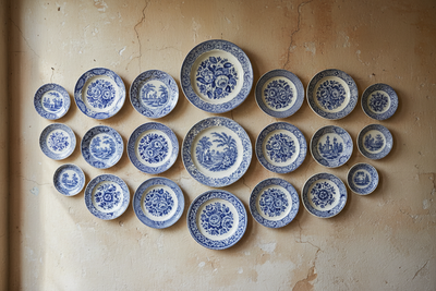 Mur d’assiettes anciennes : décorer avec de la Terre de Fer à motifs bleus