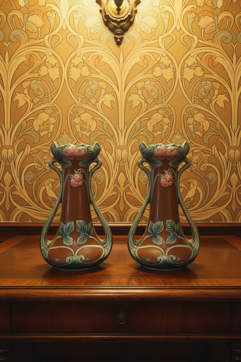 Paire de vases Art Nouveau en barbotine – décor fraises