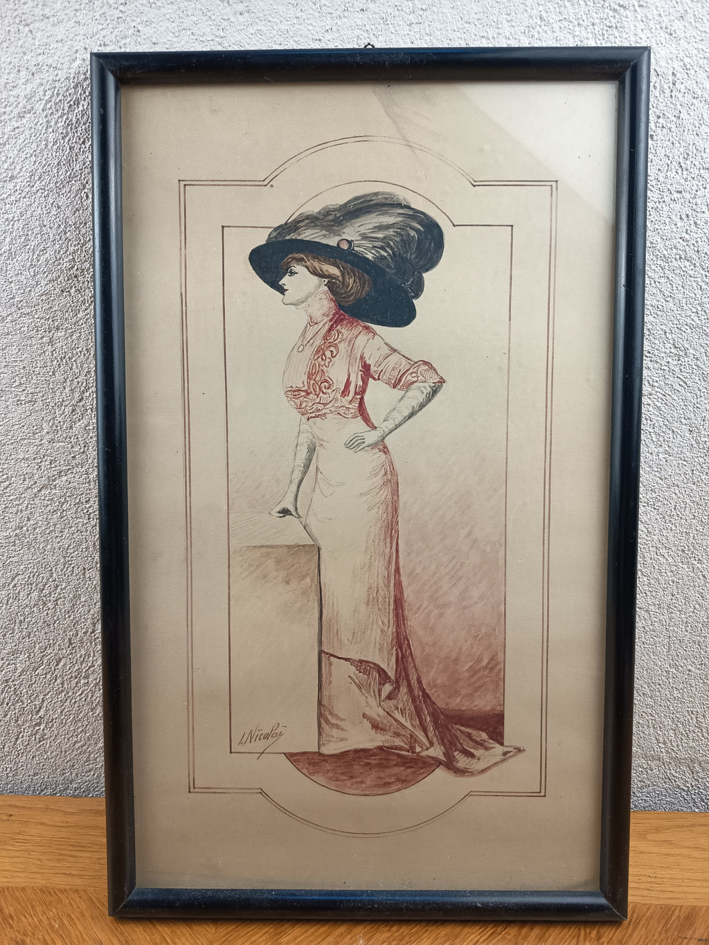 Dessin de mode Art Nouveau signé J. Nicolai – Encre de Chine & aquarelle