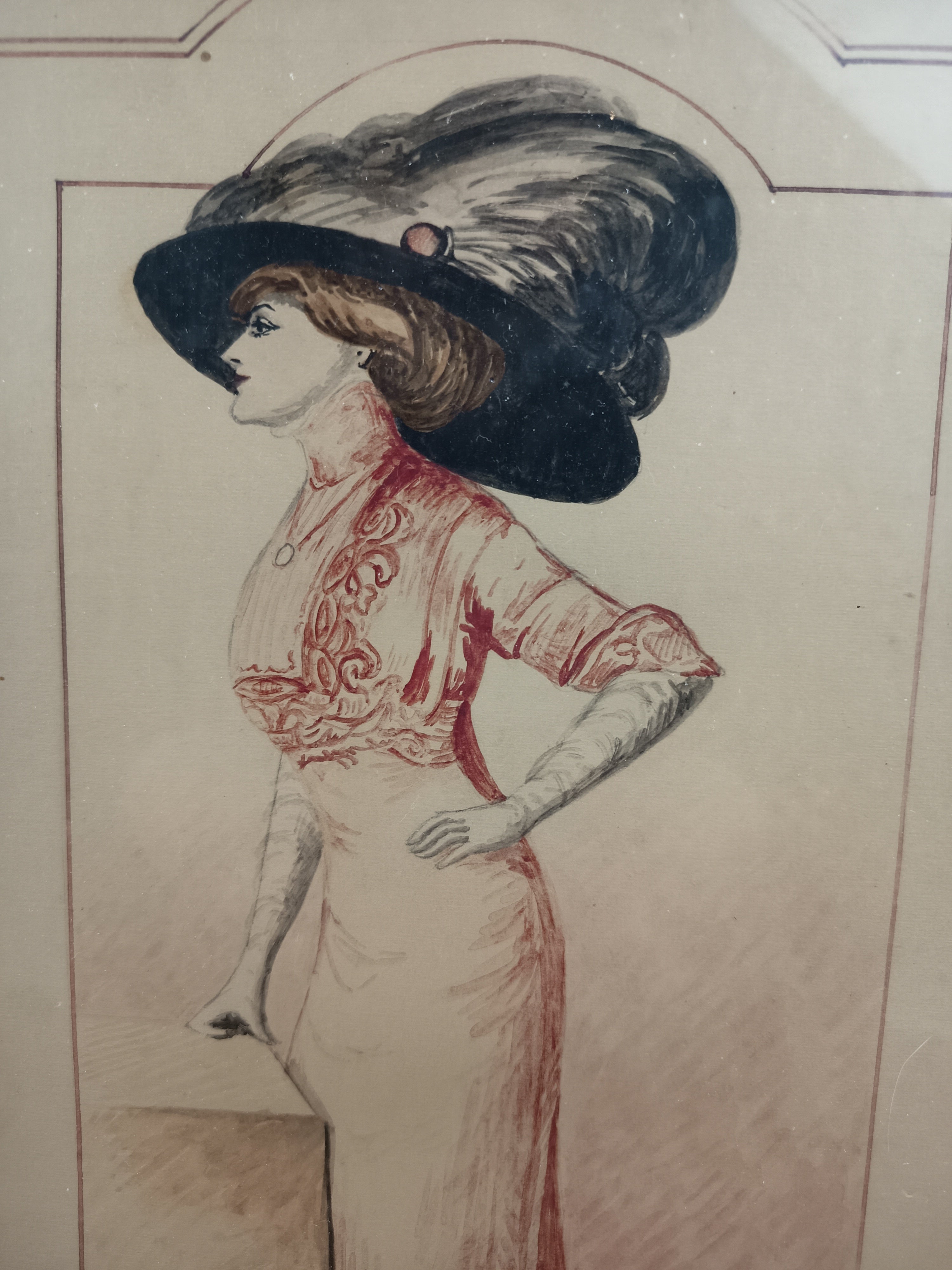 Dessin de mode Art Nouveau signé J. Nicolai – Encre de Chine & aquarelle – Élégante au chapeau noir