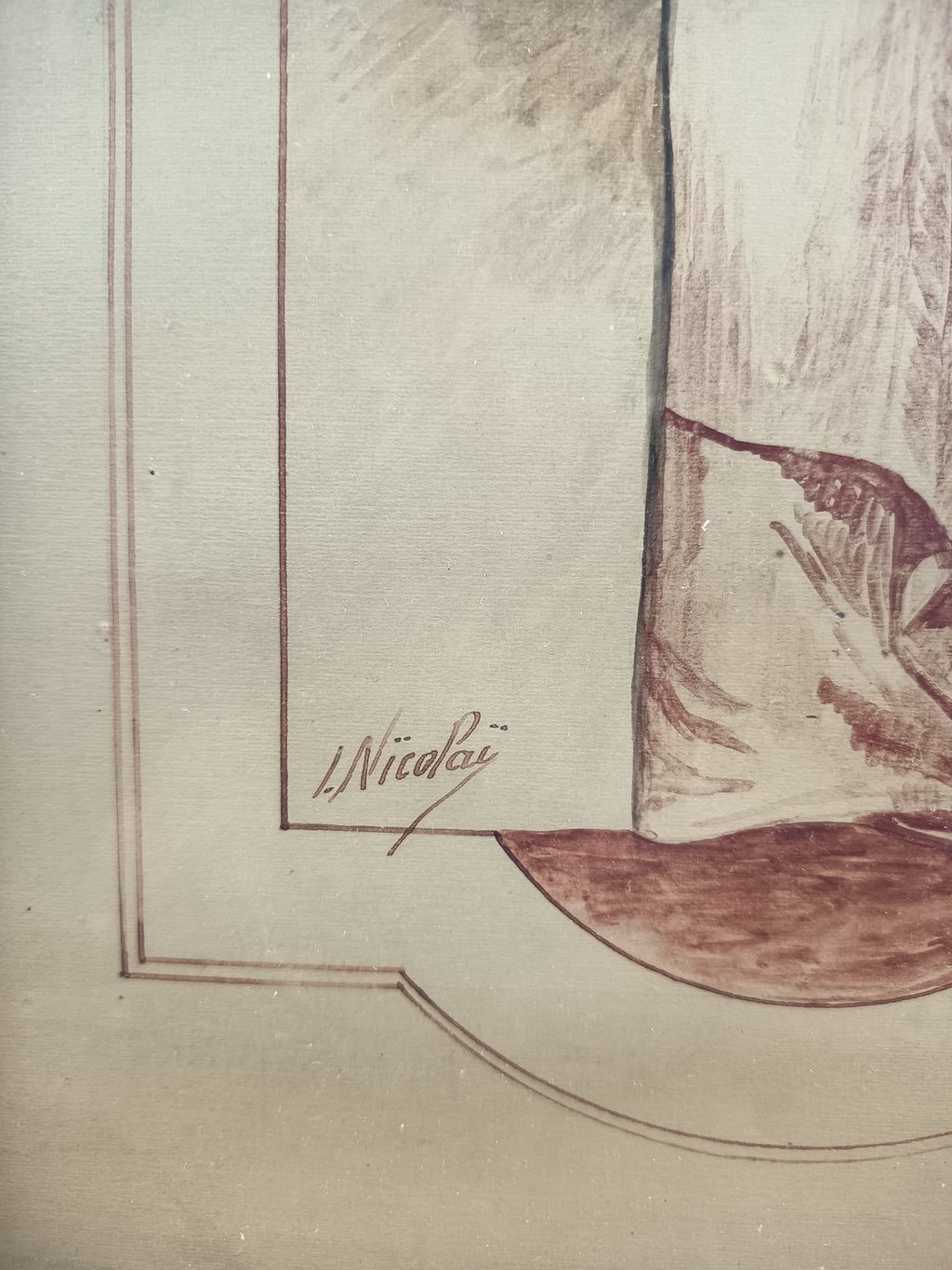 Dessin de mode Art Nouveau signé J. Nicolai – Encre de Chine & aquarelle – Élégante au chapeau noir
