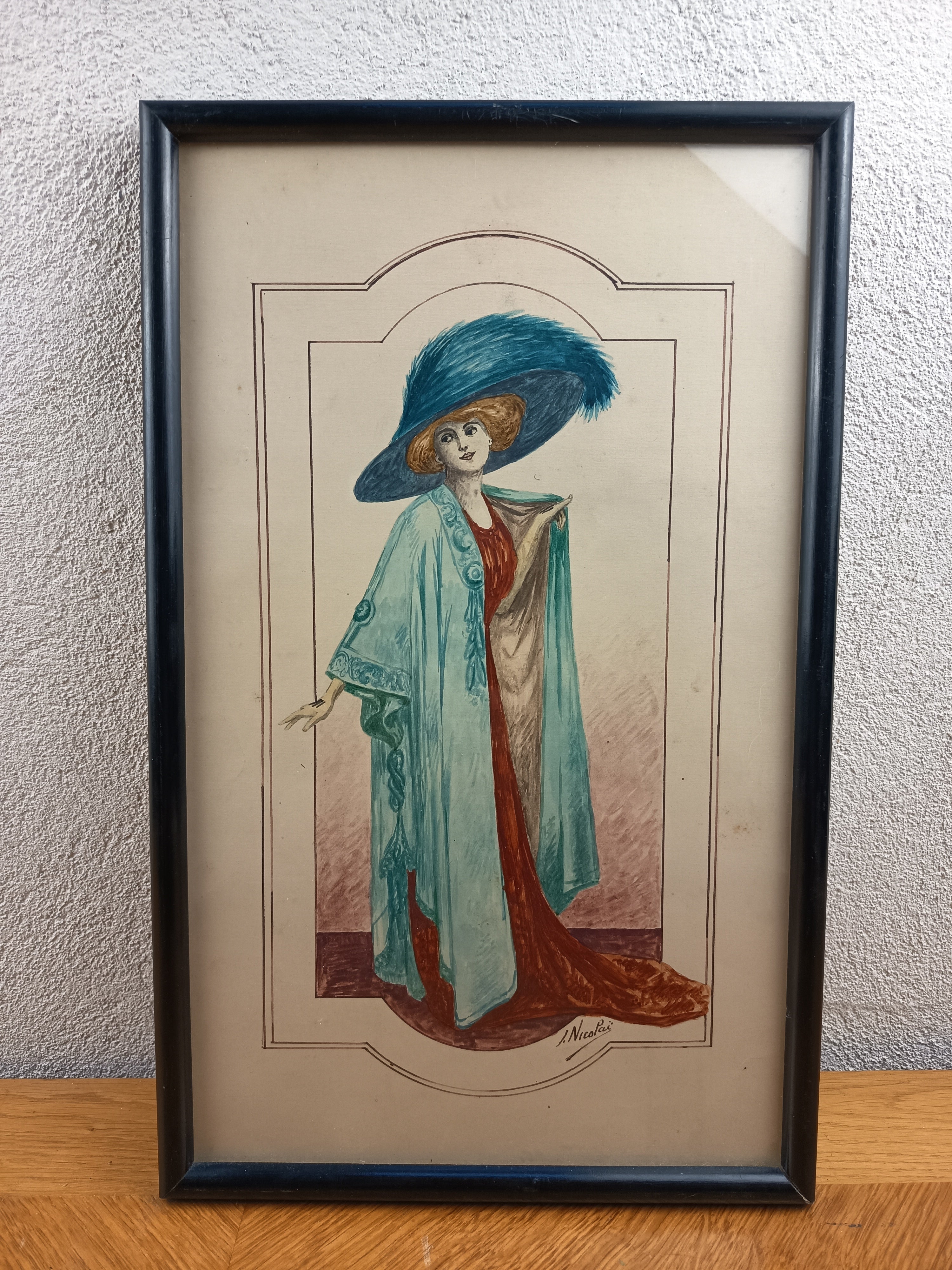 Dessin de mode Art Nouveau signé J. Nicolai – Encre de Chine & aquarelle