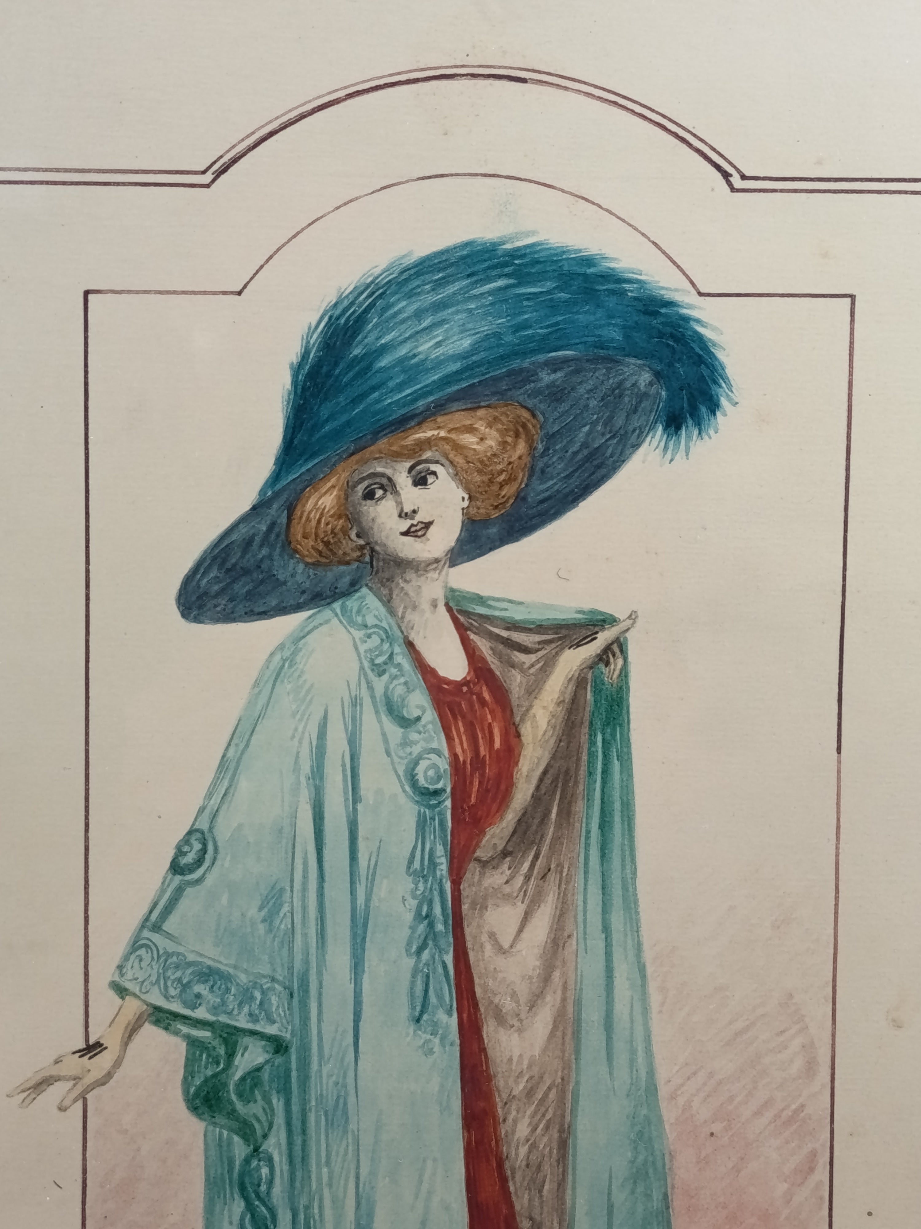 Dessin de mode Art Nouveau signé J. Nicolai – Encre de Chine & aquarelle – Élégante au chapeau bleu