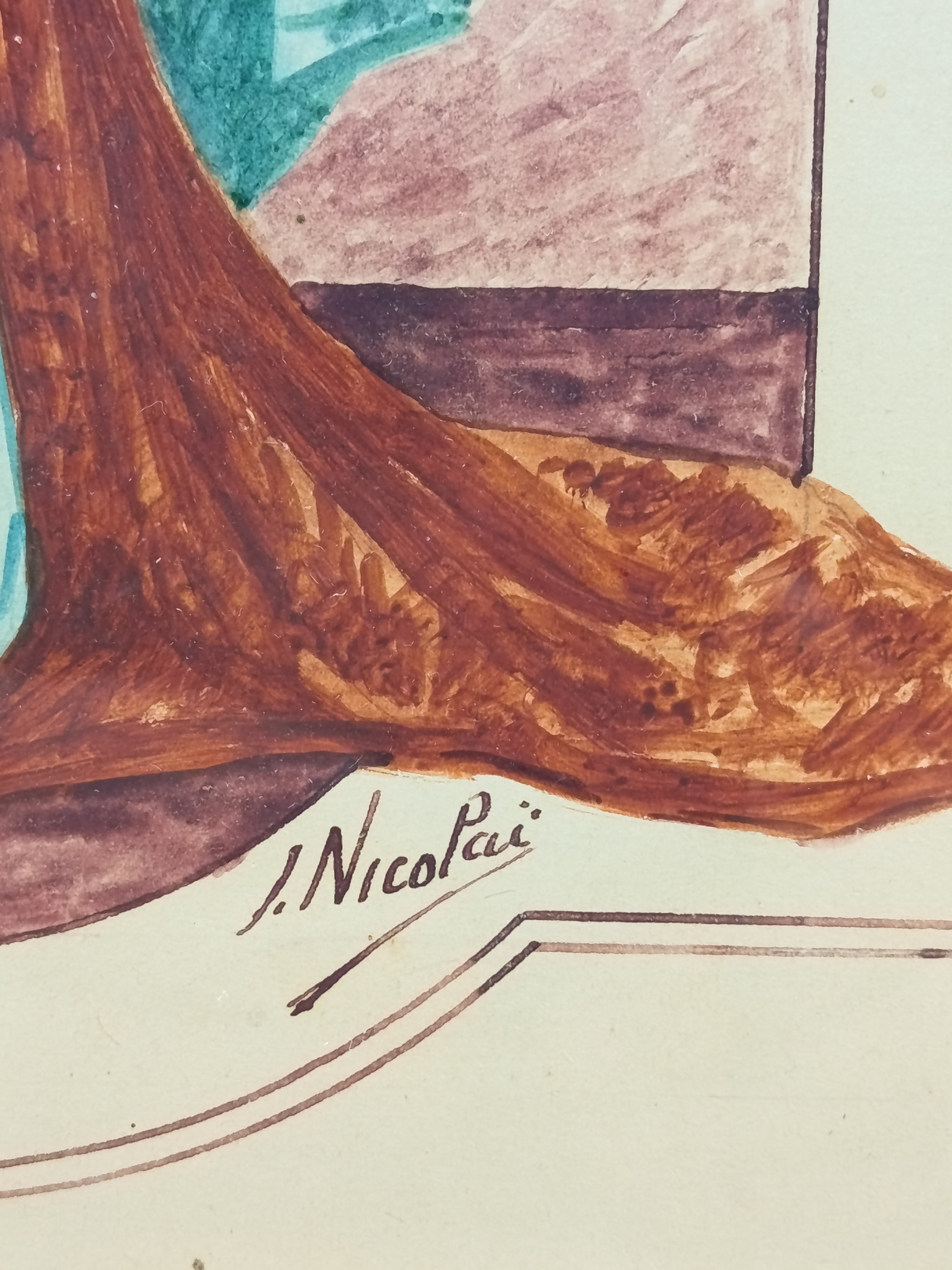 Dessin de mode Art Nouveau signé J. Nicolai – Encre de Chine & aquarelle – Élégante au chapeau bleu