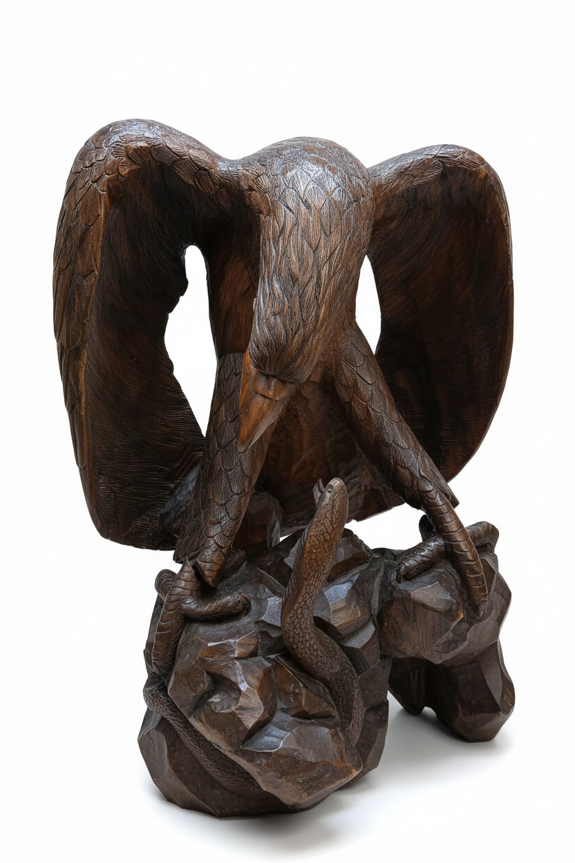 Grande sculpture bois 110 cm – Aigle attaquant un serpent