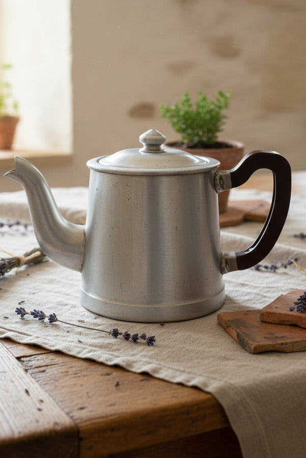 Théière ancienne en métal blanc avec poignée en bakélite – 12 cm