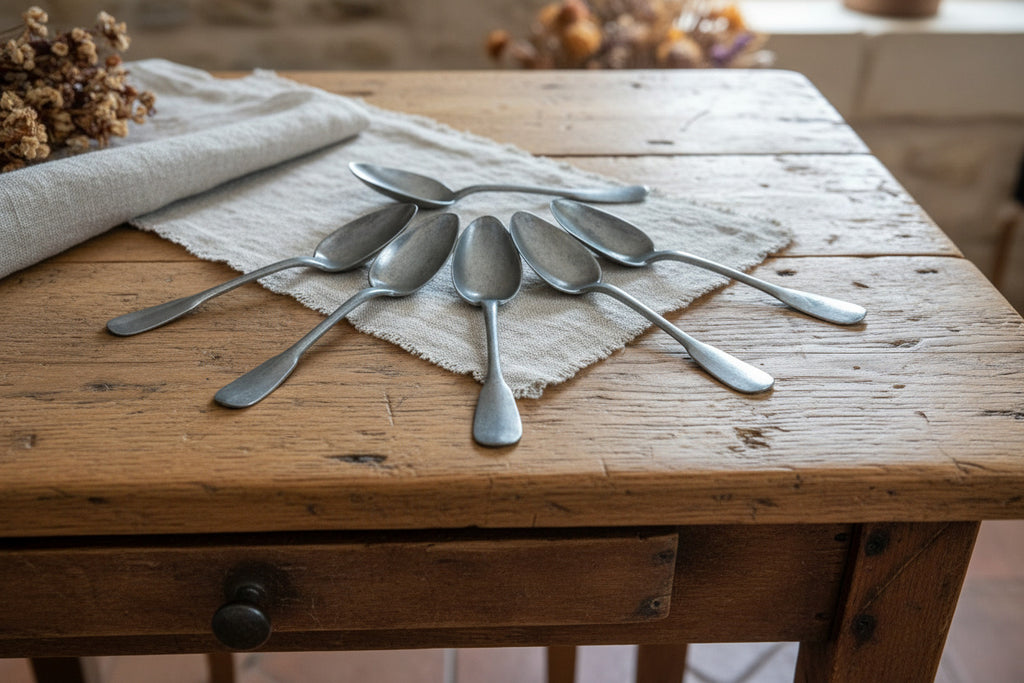 Lot de 6 cuillères à soupe en étain XIXe siècle – 21 cm – Brocante ancienne
