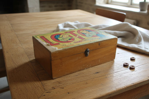 Ancienne Boîte de Jeu de Loto Vintage en Bois – Jeu de Société Ancien avec Cartes et Pions