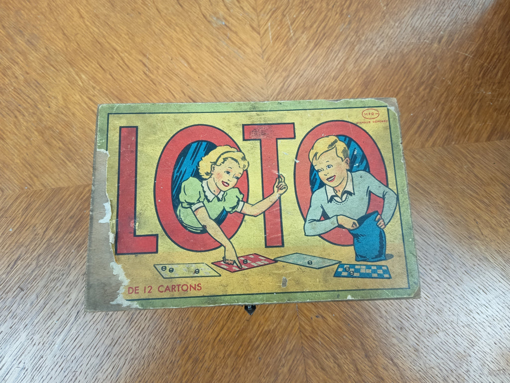 Ancienne Boîte de Jeu de Loto Vintage en Bois – Jeu de Société Ancien avec Cartes et Pions