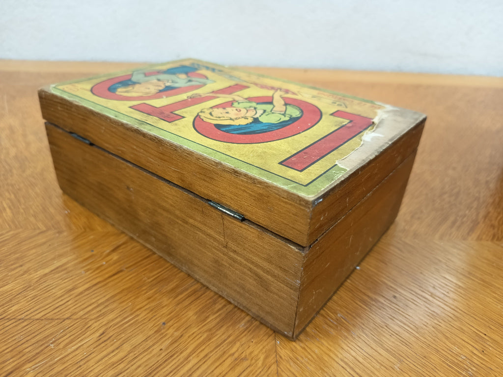Ancienne Boîte de Jeu de Loto Vintage en Bois – Jeu de Société Ancien avec Cartes et Pions