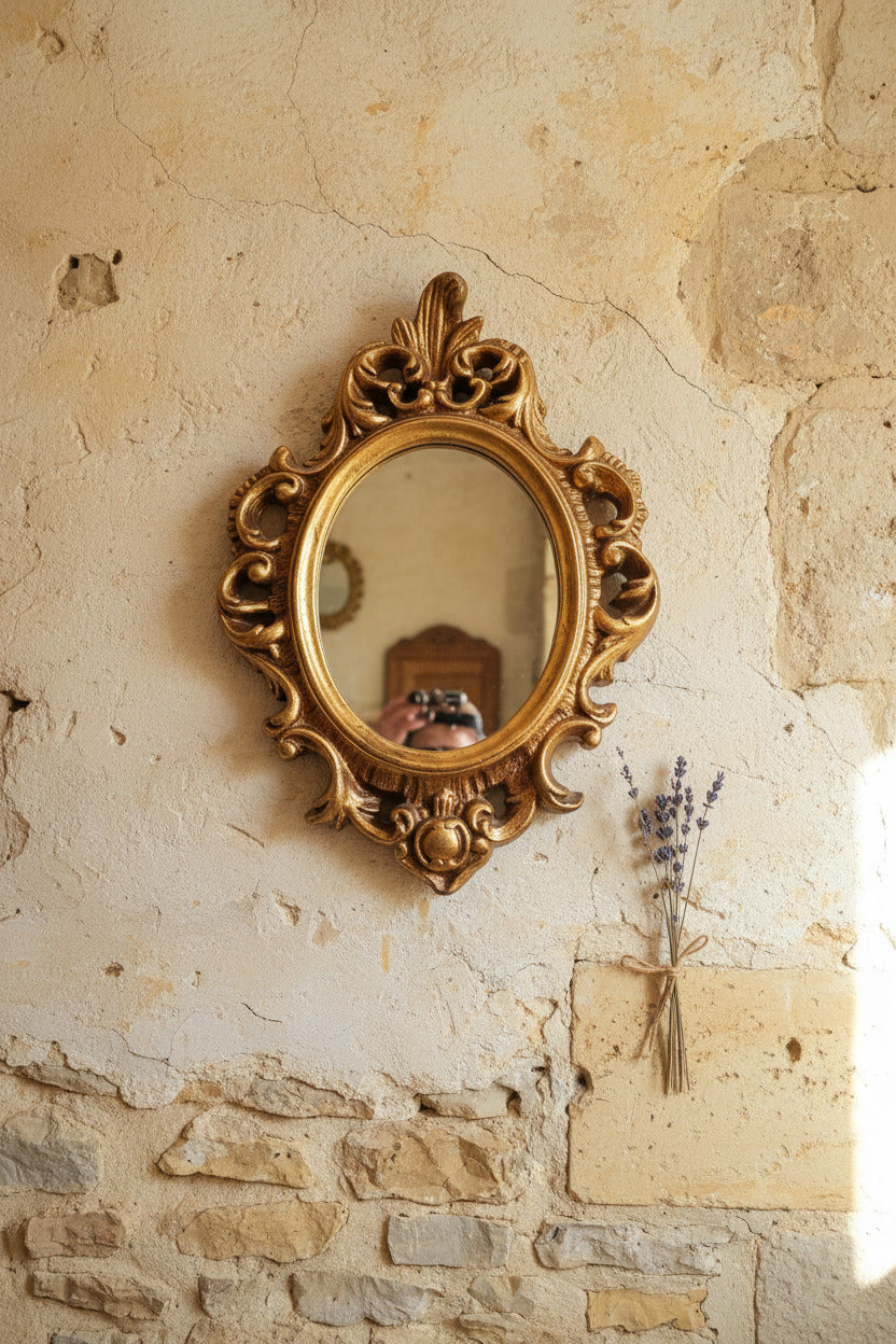 Miroir mural ancien doré en stuc – Style néoclassique – 34 cm