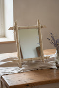 Miroir ancien à accrocher imitation bambou – Repeint blanc cassé – 37 x 31 cm