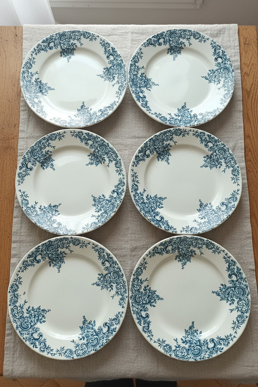 Lot de 6 assiettes anciennes en terre de fer – Modèle Louis XVI – Hippolyte Boulenger