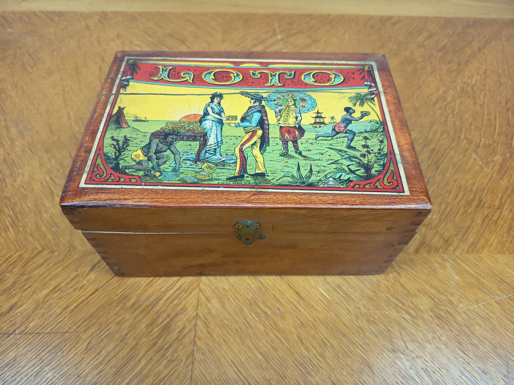 Jeu de loto ancien en coffret bois – Jetons et cartes – Gravure fin XIXe