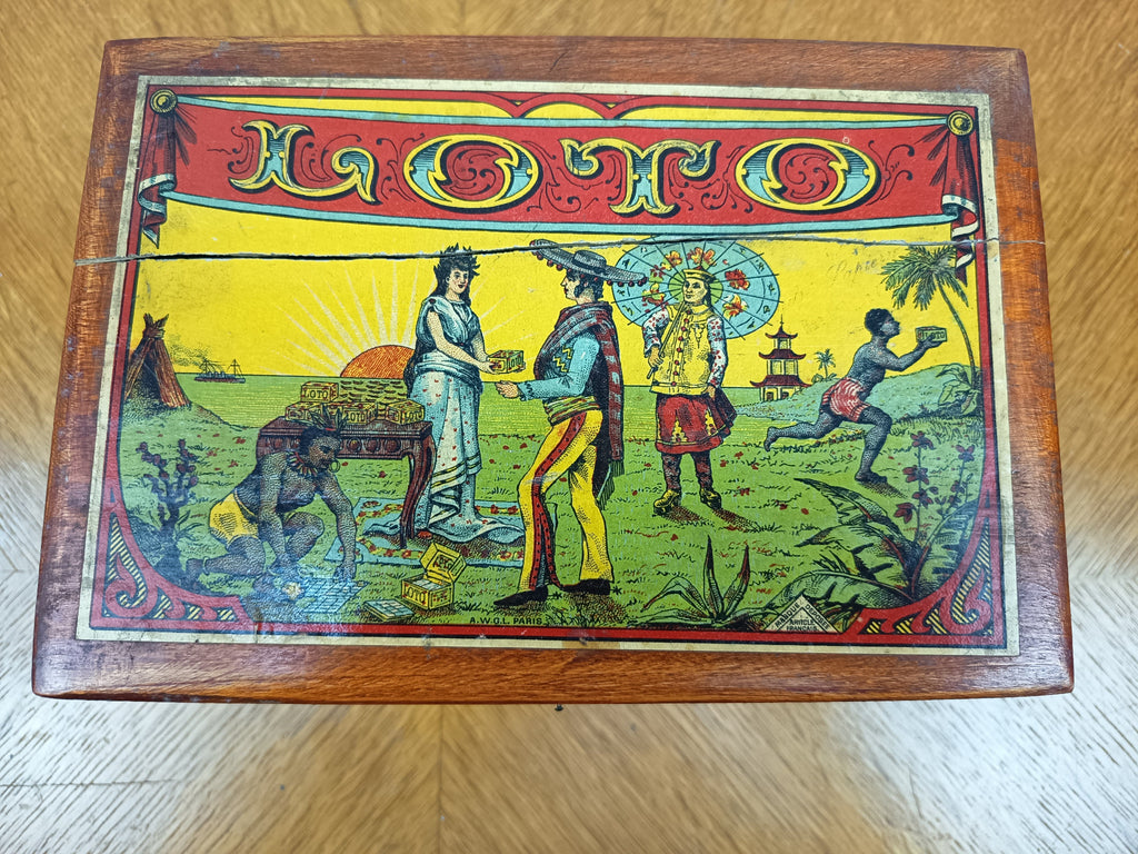 Jeu de loto ancien en coffret bois – Jetons et cartes – Gravure fin XIXe