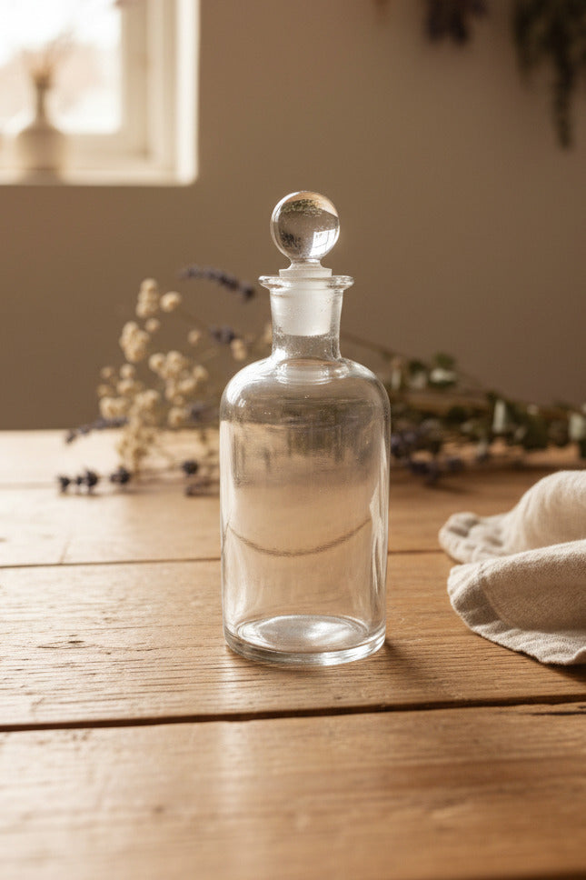 Flacon d’apothicairerie ancien en verre avec bouchon givré – 12 cm