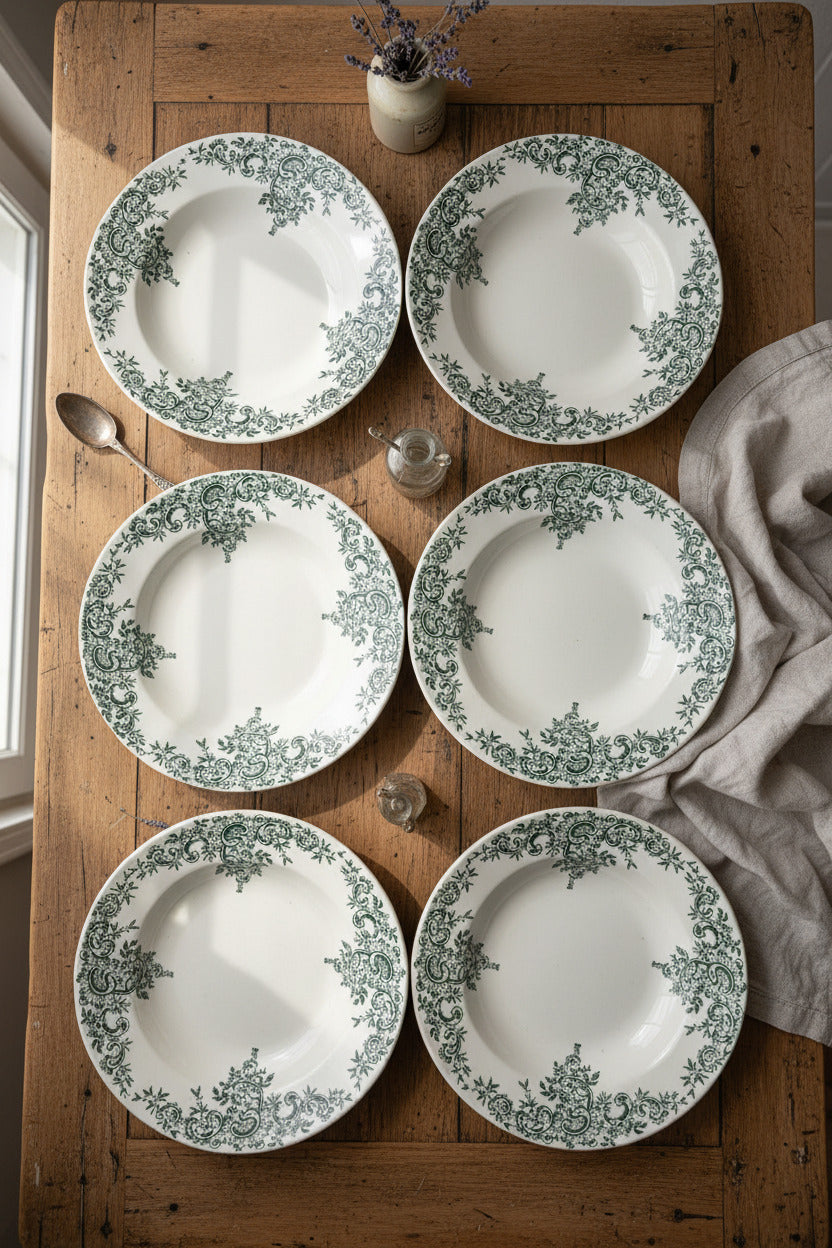 Lot de 6 assiettes creuses anciennes Terre de Fer – Modèle Louis XV – Hippolyte Boulenger Choisy-le-Roi