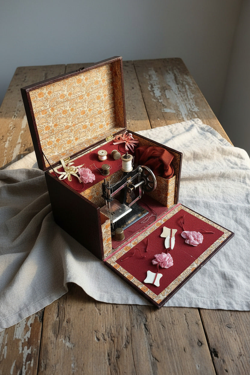 Machine à coudre ancienne pour enfant en coffret – Fin XIXe – Avec accessoires