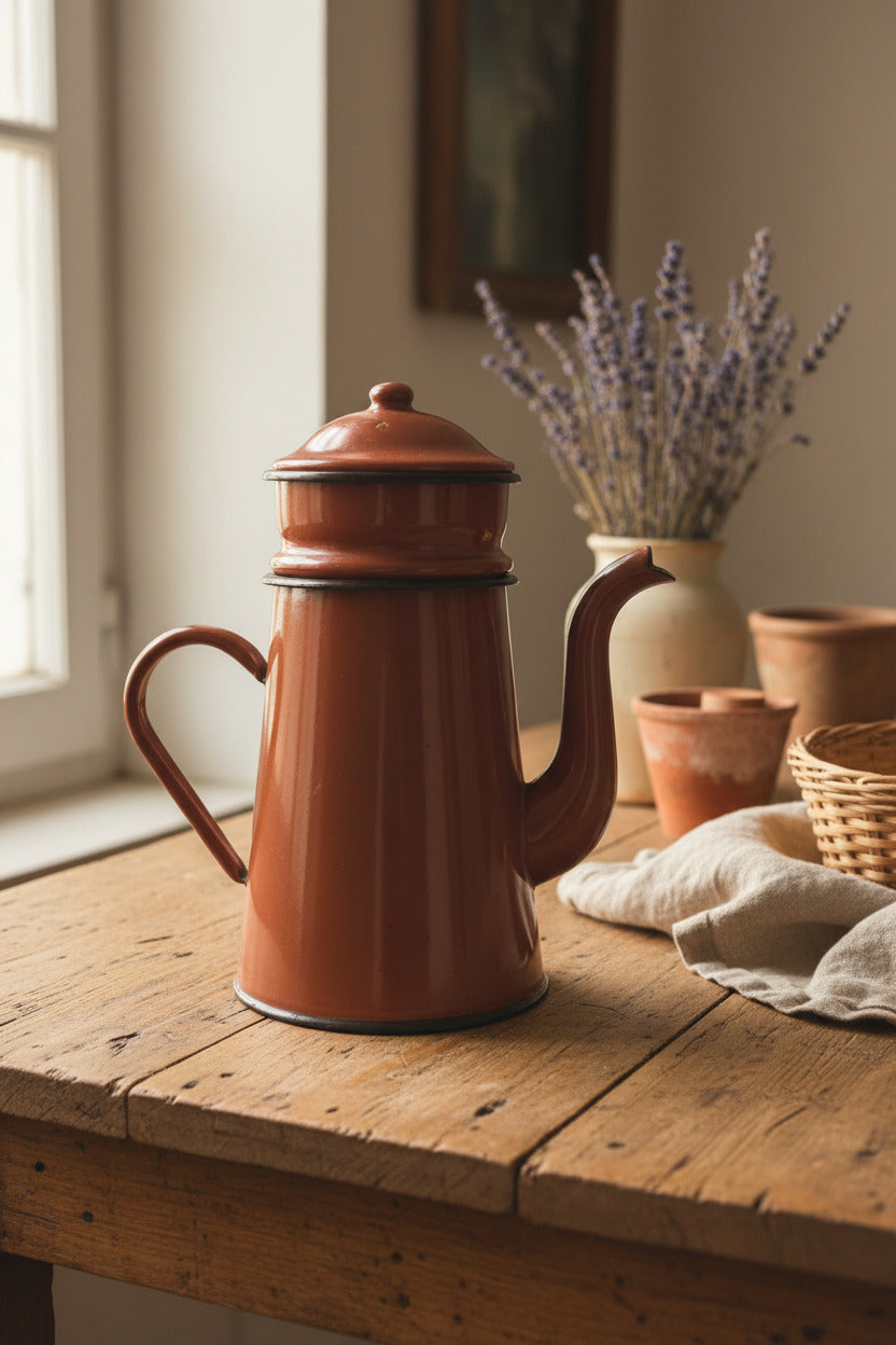 Cafetière émaillée ancienne – Couleur brun rouge