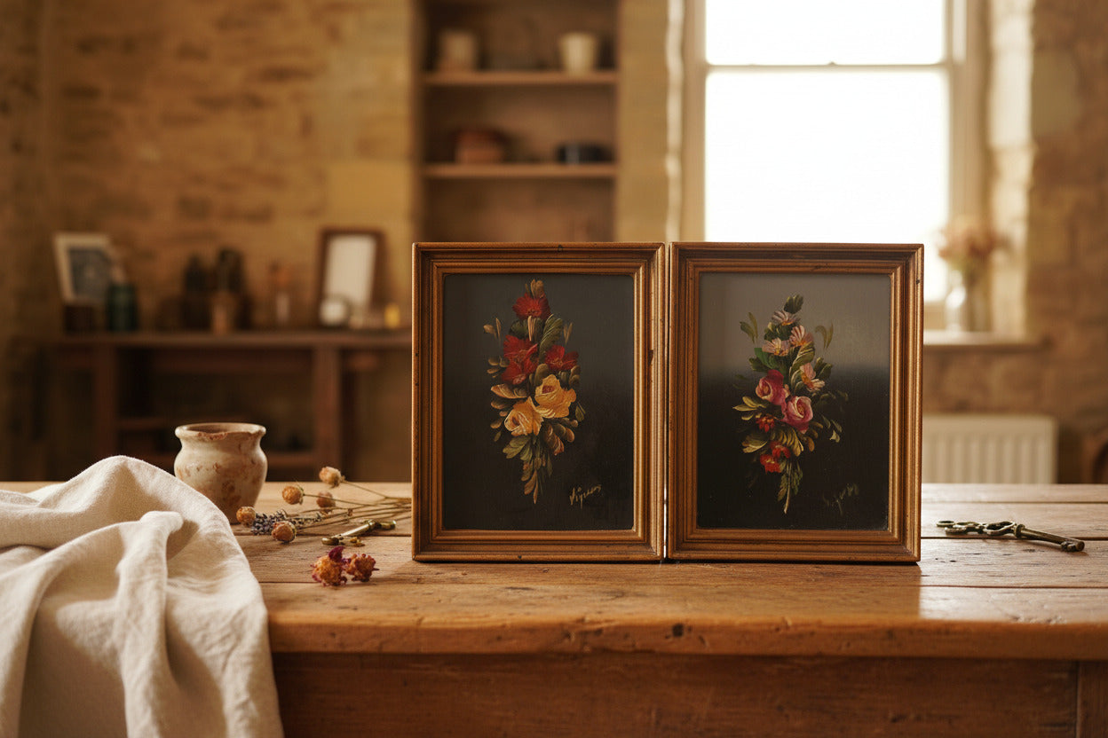 Paire de peintures anciennes à l’huile sur panneau – Bouquets de fleurs
