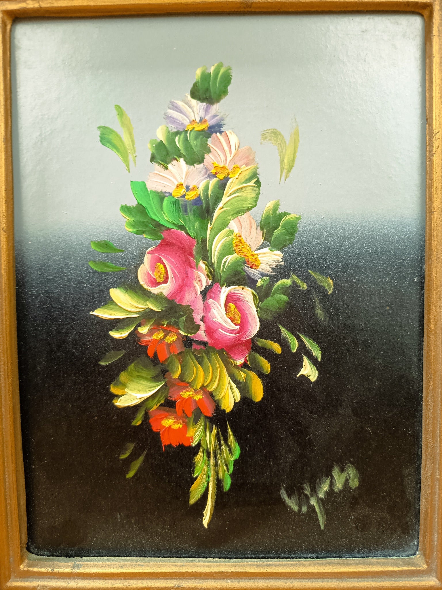 Paire de peintures anciennes à l’huile sur panneau – Bouquets de fleurs