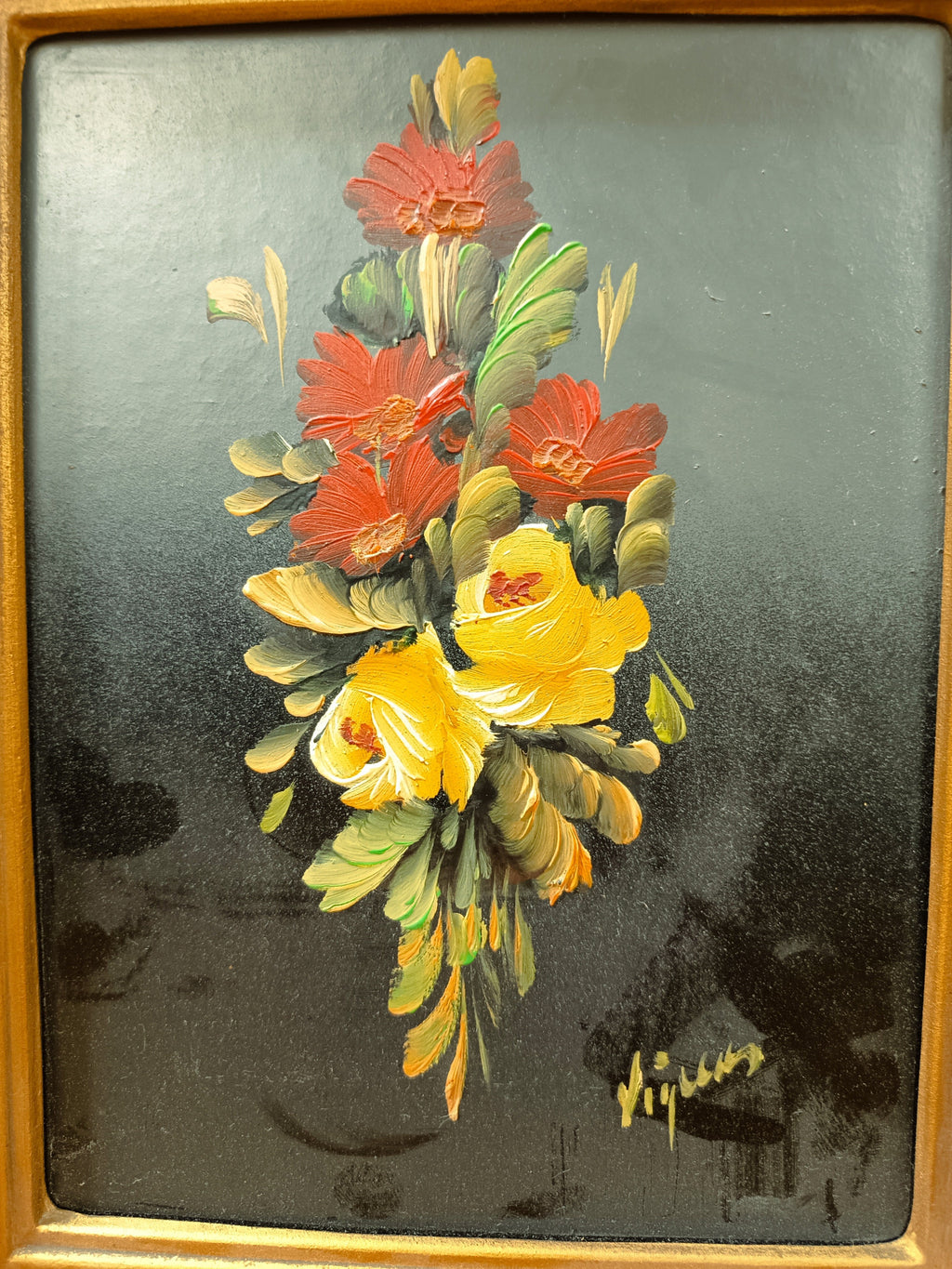 Paire de peintures anciennes à l’huile sur panneau – Bouquets de fleurs