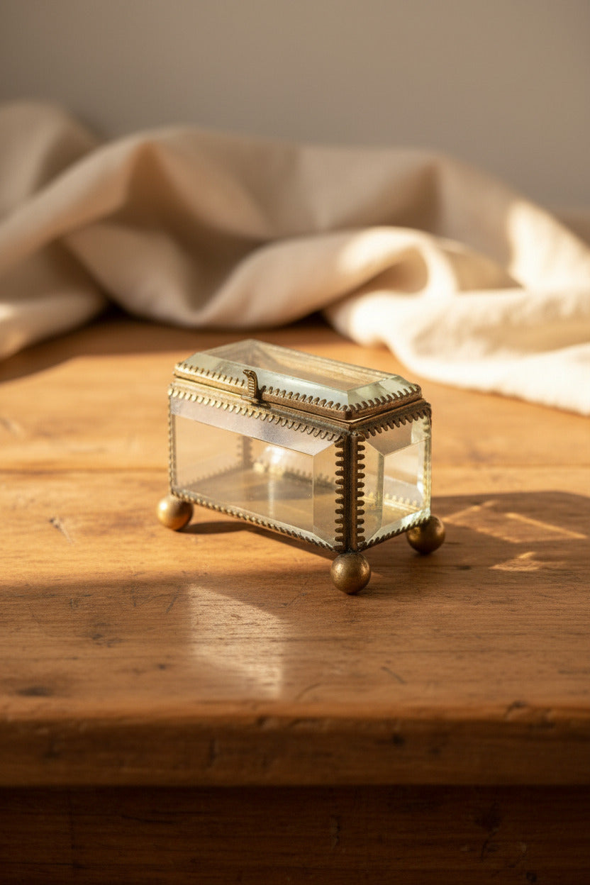 Boîte à bijoux ancienne en verre biseauté et laiton patiné, posée sur petits pieds boule, avec système de fermeture cassé.