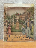 Chromo ancien Au Bon Marché à système dépliant représentant le Jardin des Tuileries à Paris en décor relief, format 14 x 10 cm.