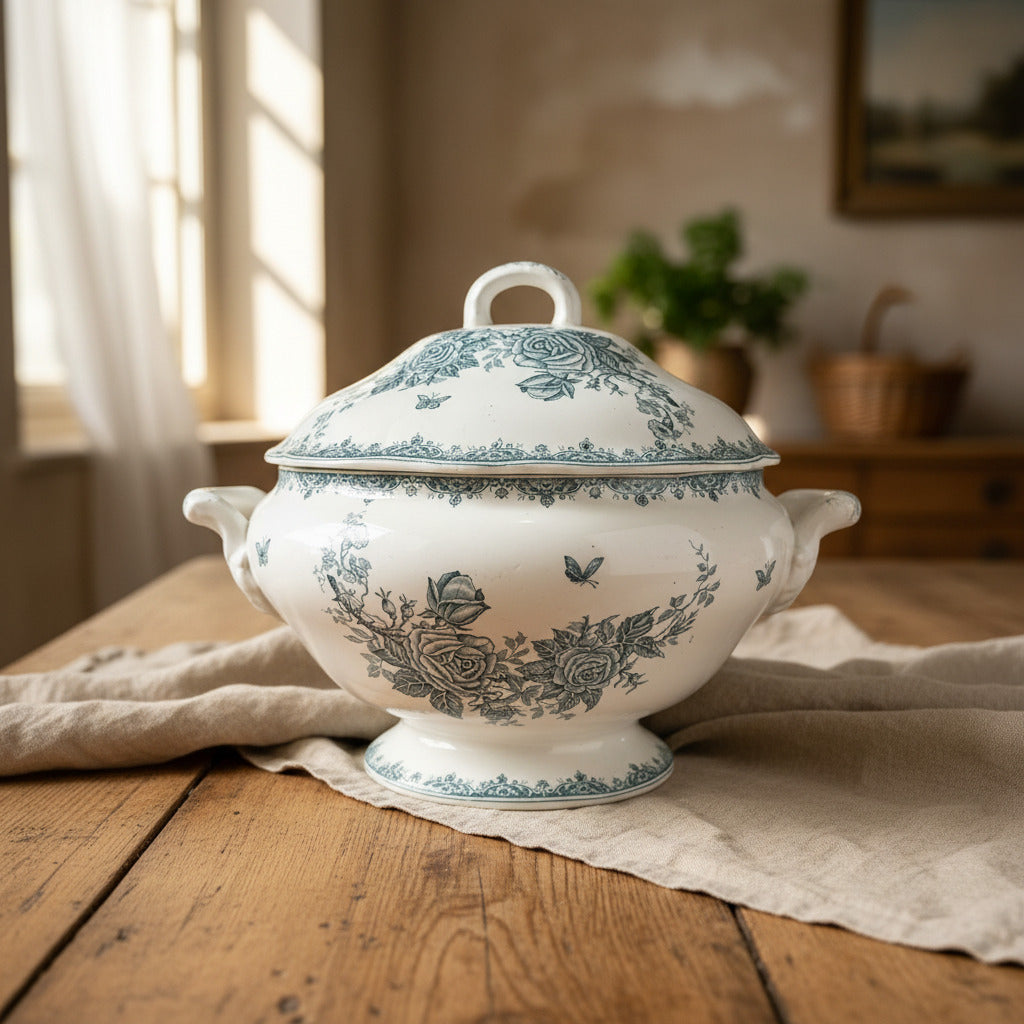 Soupière ancienne en terre de fer de Nimy Belgique, modèle Pinson, décor floral bleu-vert avec oiseaux et papillons, 24 x 30 cm.