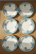 Lot de six assiettes creuses anciennes en terre de fer HB & Cie Choisy-le-Roi, modèle Louis XV, décor bleu-vert, diamètre 22 cm