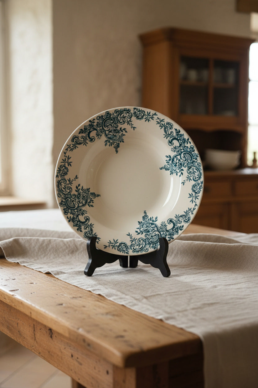 Assiette creuse ancienne en terre de fer HB & Cie Choisy-le-Roi, modèle Louis XV, décor bleu-vert à arabesques, diamètre 22 cm.