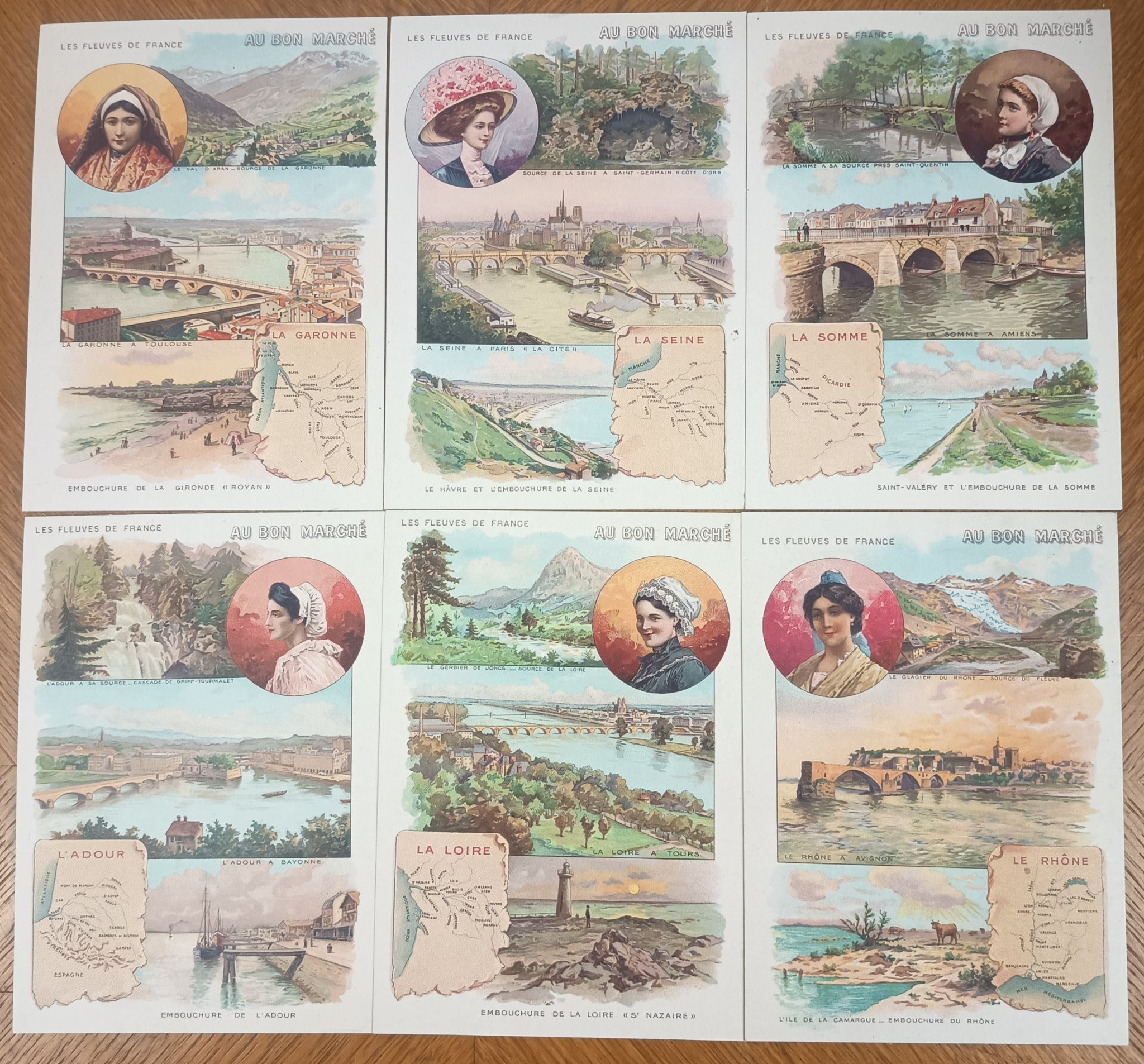 Lot de six chromos publicitaires anciens Au Bon Marché, série Les fleuves de France, en excellent état, format 11 x 16 cm.