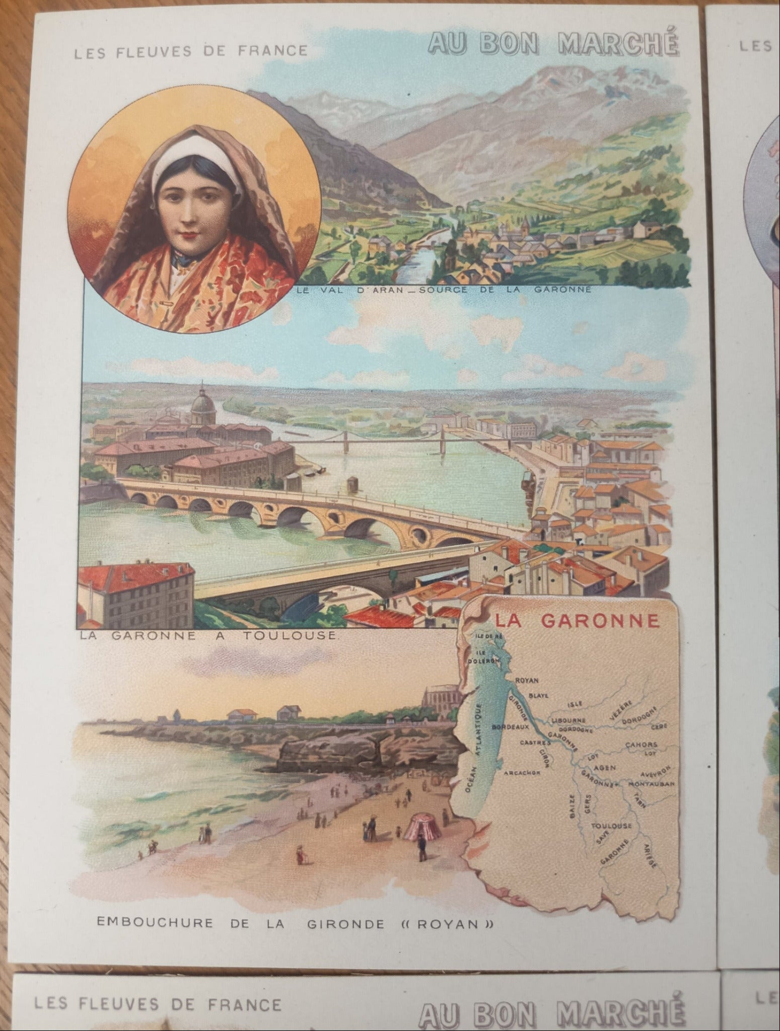 Lot de six chromos publicitaires anciens Au Bon Marché, série Les fleuves de France, en excellent état, format 11 x 16 cm.