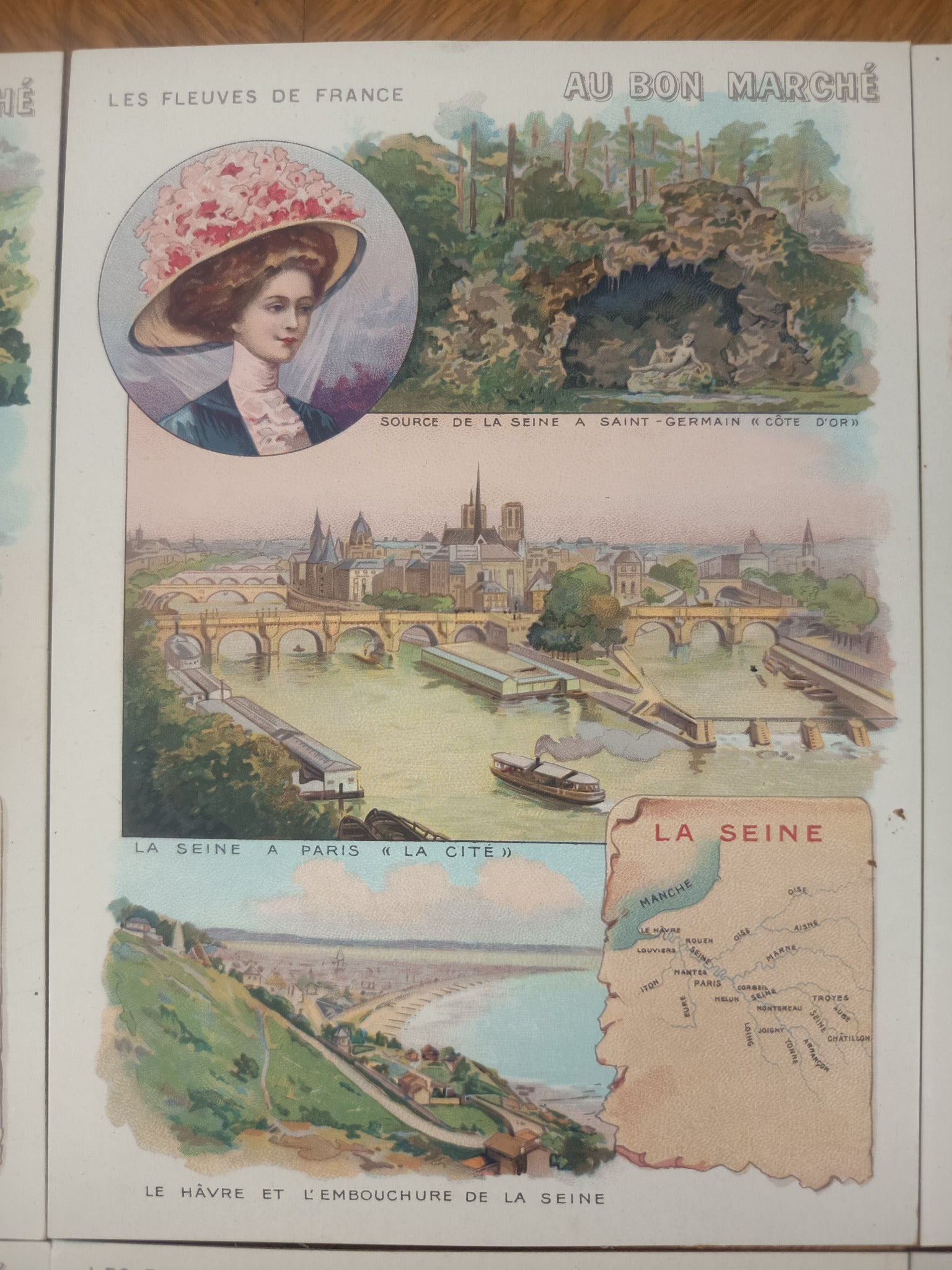 Lot de six chromos publicitaires anciens Au Bon Marché, série Les fleuves de France, en excellent état, format 11 x 16 cm.