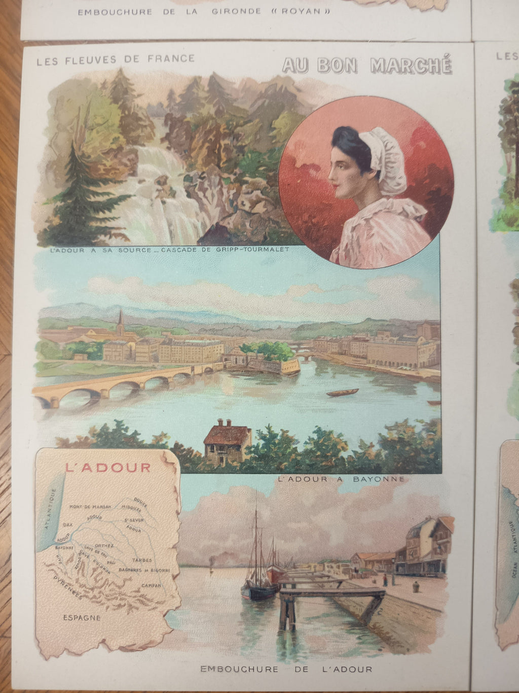 Lot de six chromos publicitaires anciens Au Bon Marché, série Les fleuves de France, en excellent état, format 11 x 16 cm.