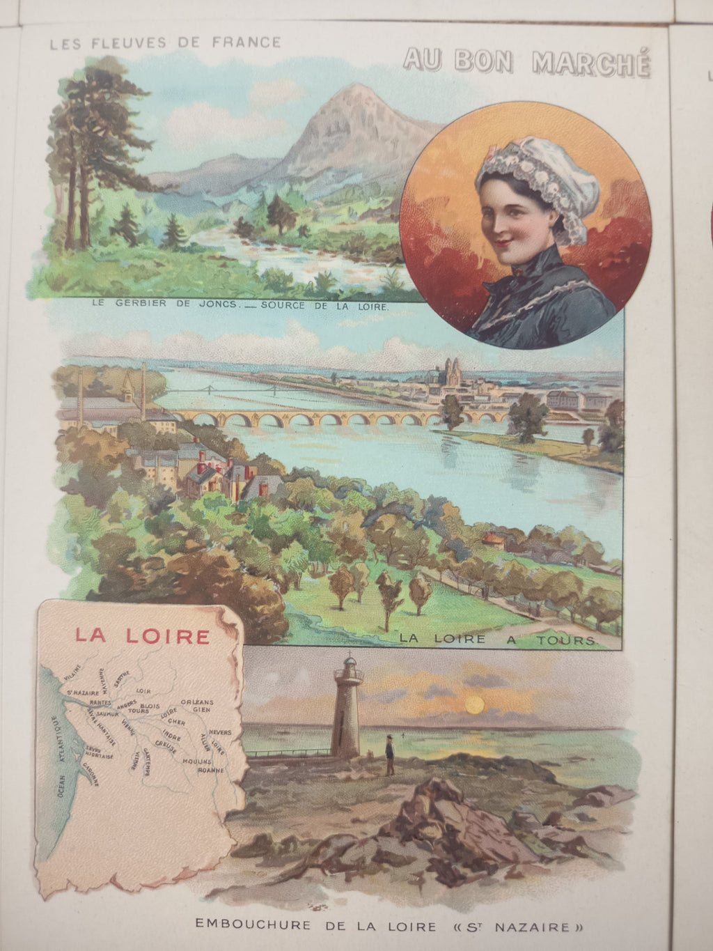 Lot de six chromos publicitaires anciens Au Bon Marché, série Les fleuves de France, en excellent état, format 11 x 16 cm.