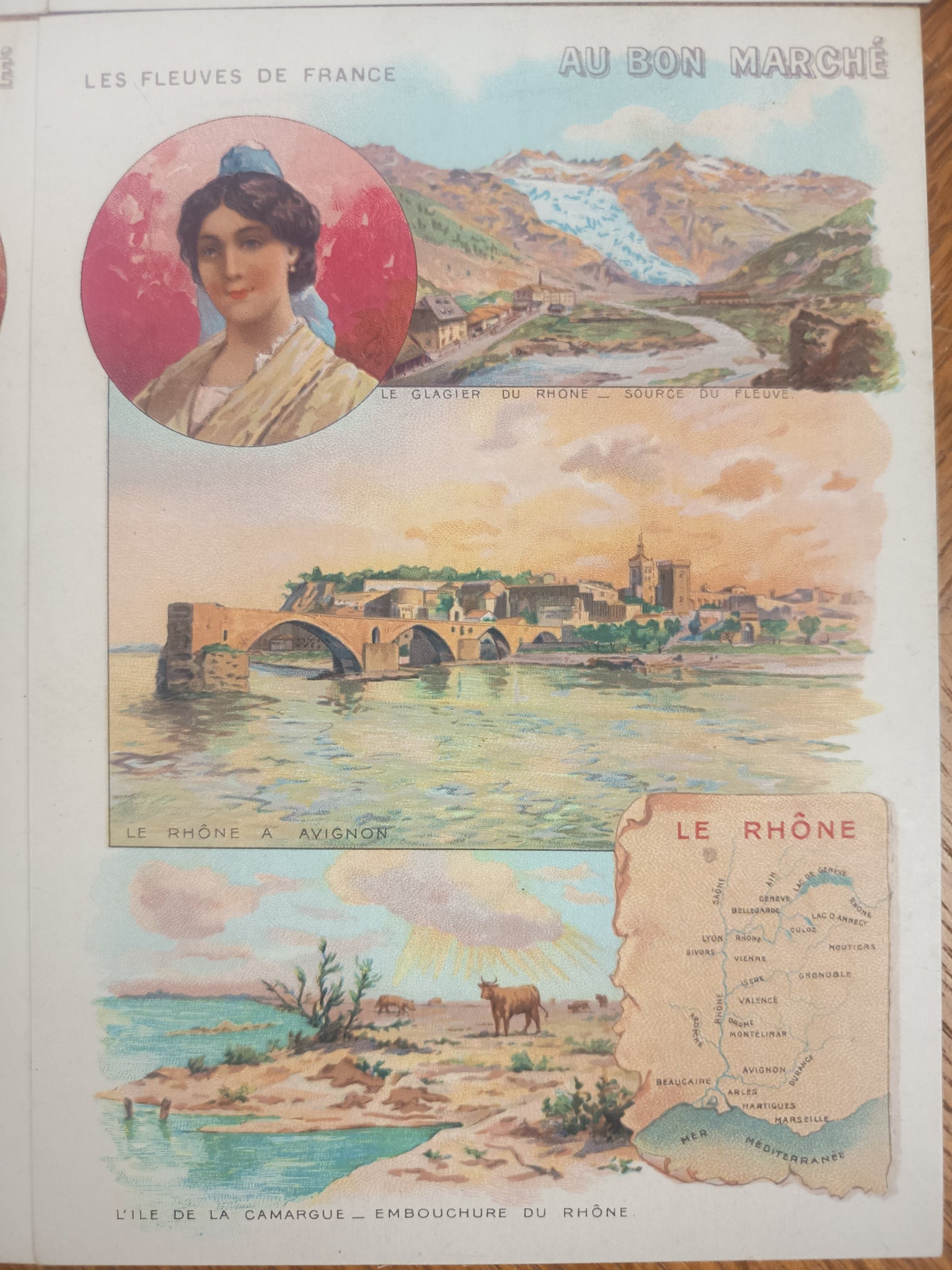 Lot de six chromos publicitaires anciens Au Bon Marché, série Les fleuves de France, en excellent état, format 11 x 16 cm.