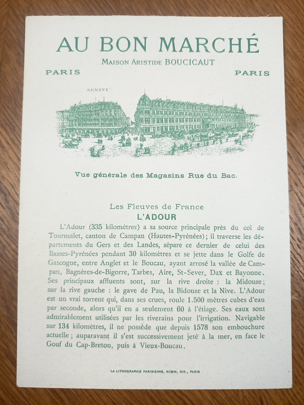 Lot de six chromos publicitaires anciens Au Bon Marché, série Les fleuves de France, en excellent état, format 11 x 16 cm.