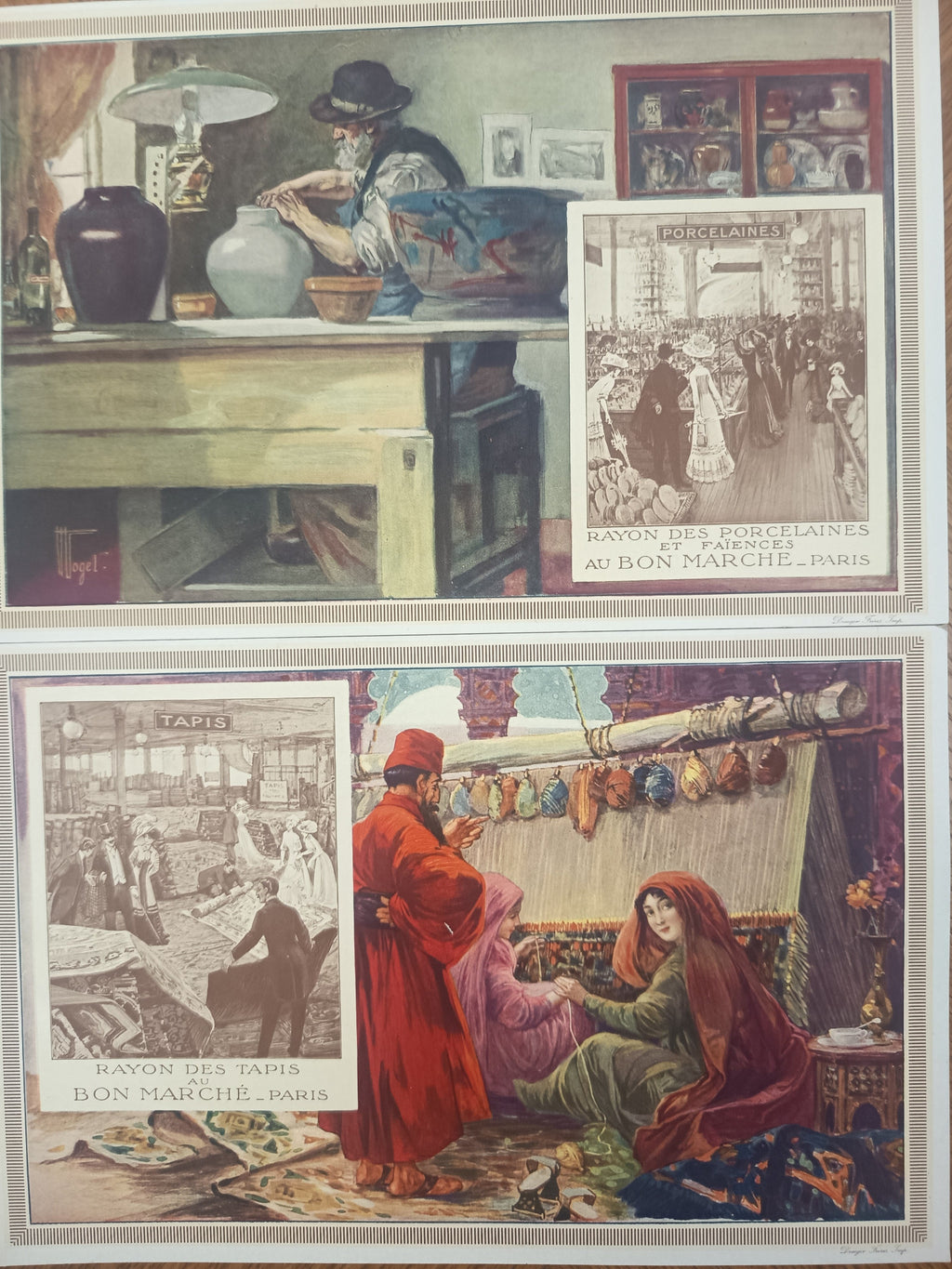 Ensemble de 8 chromos publicitaires anciens Au Bon Marché Paris, série « Leçon de choses ». Grand format 14 × 21,5 cm, parfait état.