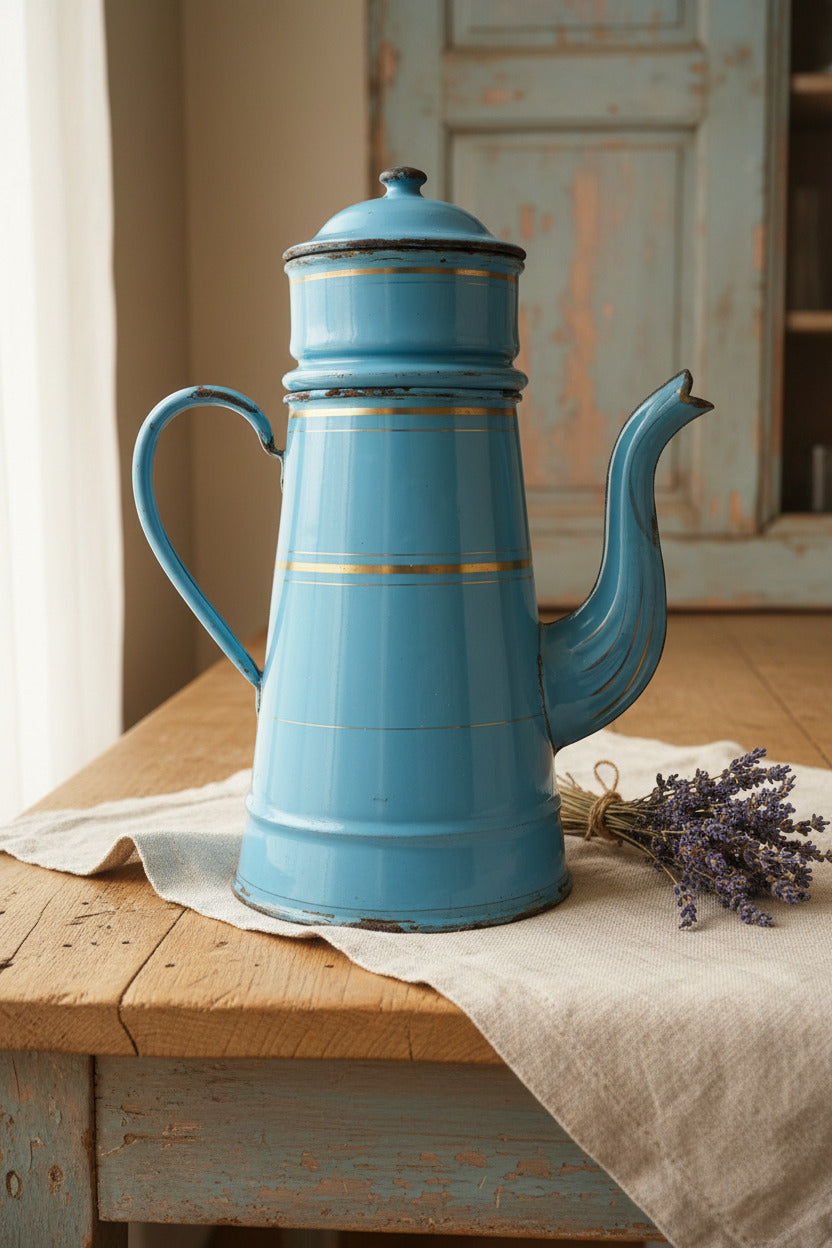 Cafetière ancienne en tôle émaillée bleue – 34 cm