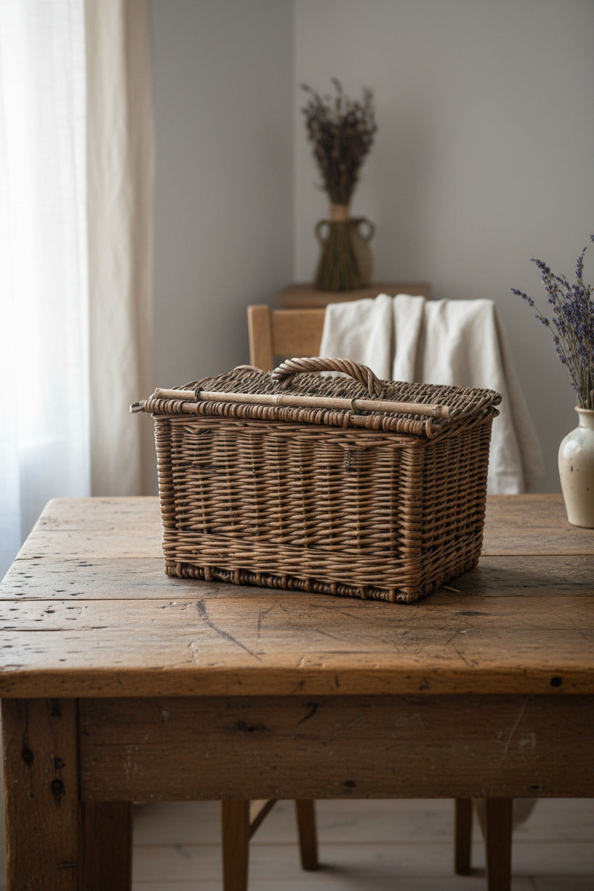 Ancien panier rectangulaire en osier avec couvercle et fermeture à bâton en bois