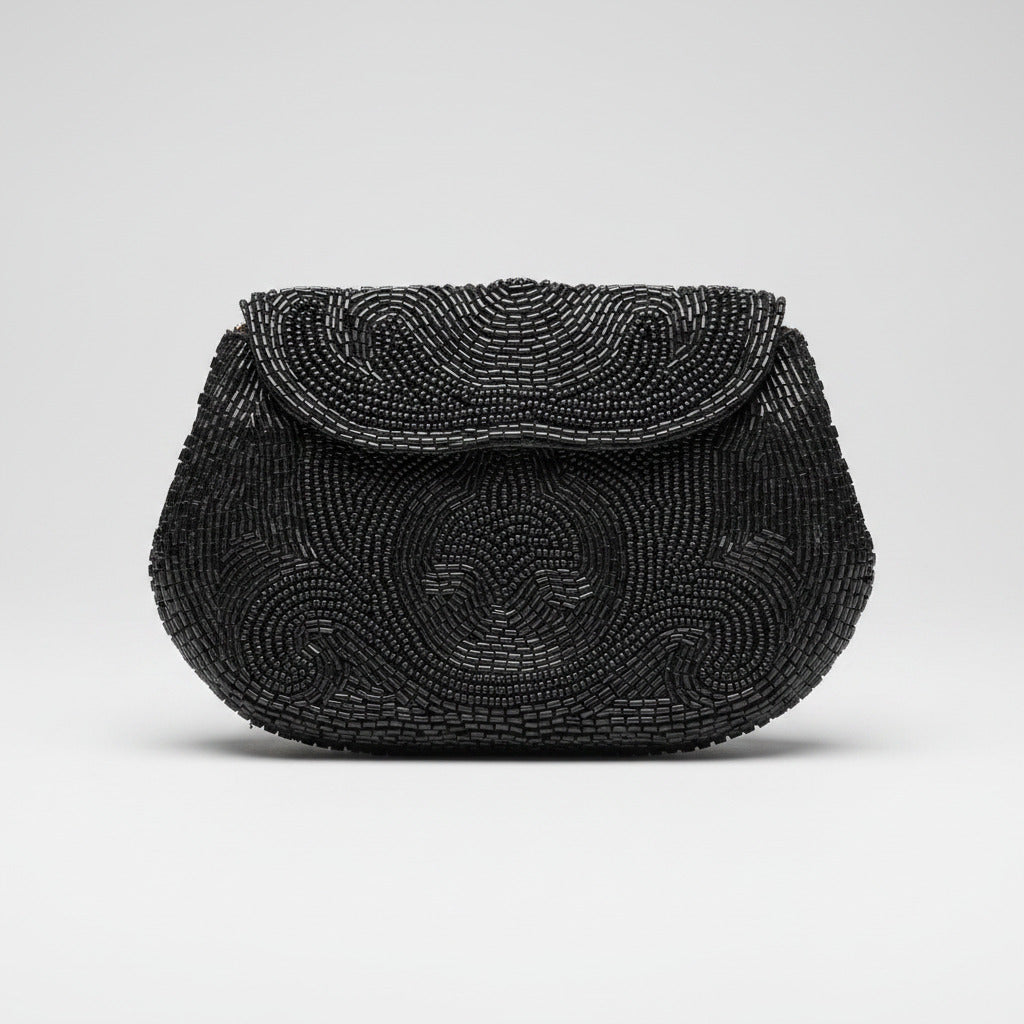 Pochette ancienne perles de verre noires 1930-1940