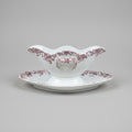 Saucière ancienne en Terre de Fer vers 1900, double bec verseur et décor floral rouge bordeaux.