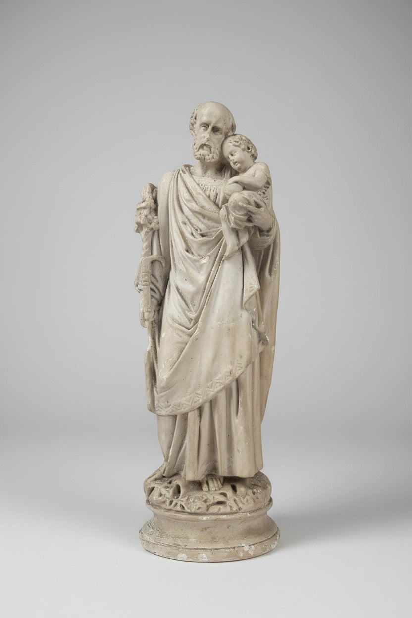 Ancienne statue de Saint Joseph portant l’Enfant Jésus en plâtre, probablement fin XIXe-début XXe siècle. Sculpture religieuse patinée de 32 cm.