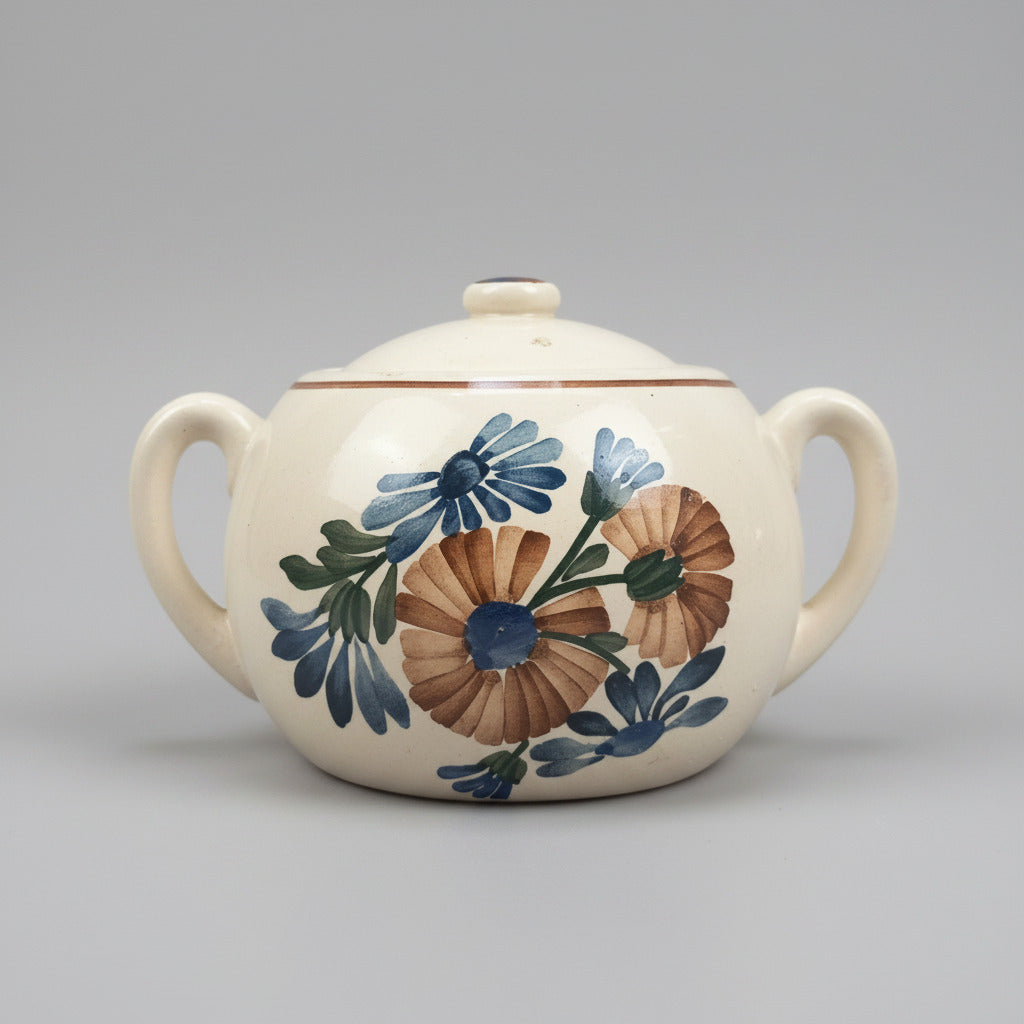 Sucrier ancien HBCM Creil-Montereau modèle Antibes en faïence à décor floral polychrome. Pot couvert Art déco années 1920-1930, largeur 17 cm.