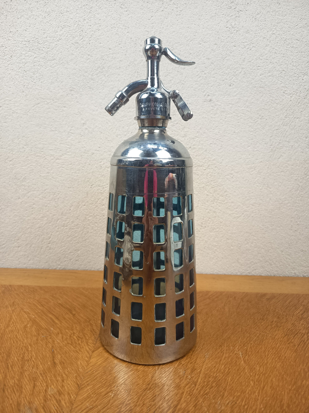 Ancien siphon Siphonia Paris en verre bleu et cage chromée