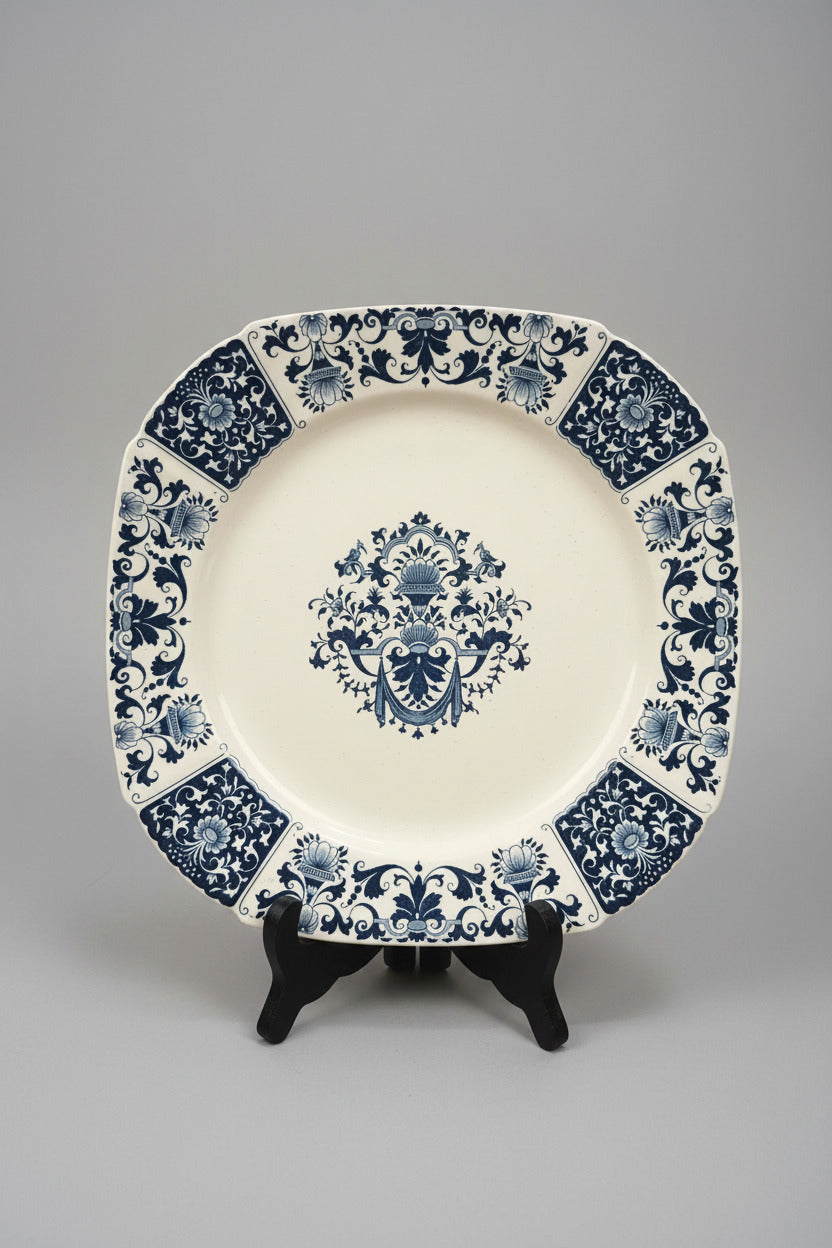 Assiette carrée ancienne Gien modèle Ibis bleu 25 cm