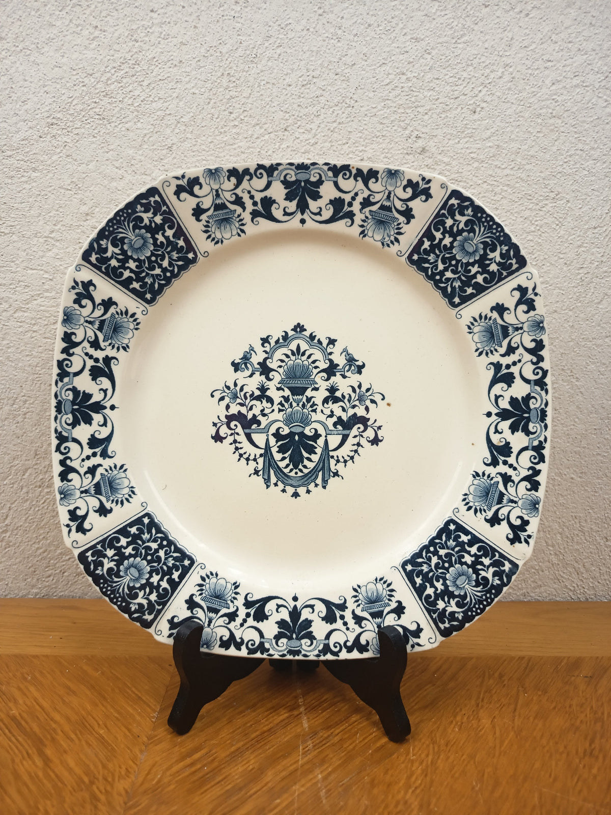 Assiette carrée ancienne Gien modèle Ibis bleu 25 cm